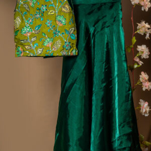 Rust Orange Printed Vest/Crop Jacket and Shimmering Emerald Green Skirt Set