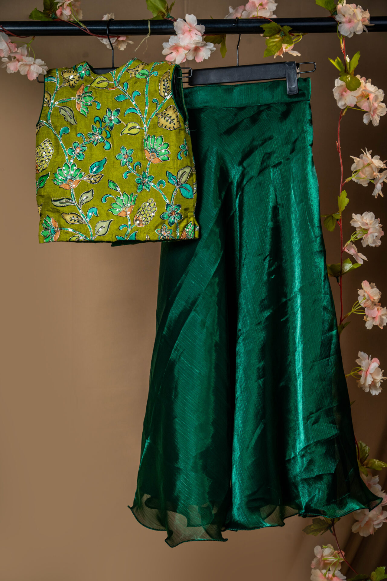 Rust Orange Printed Vest/Crop Jacket and Shimmering Emerald Green Skirt Set