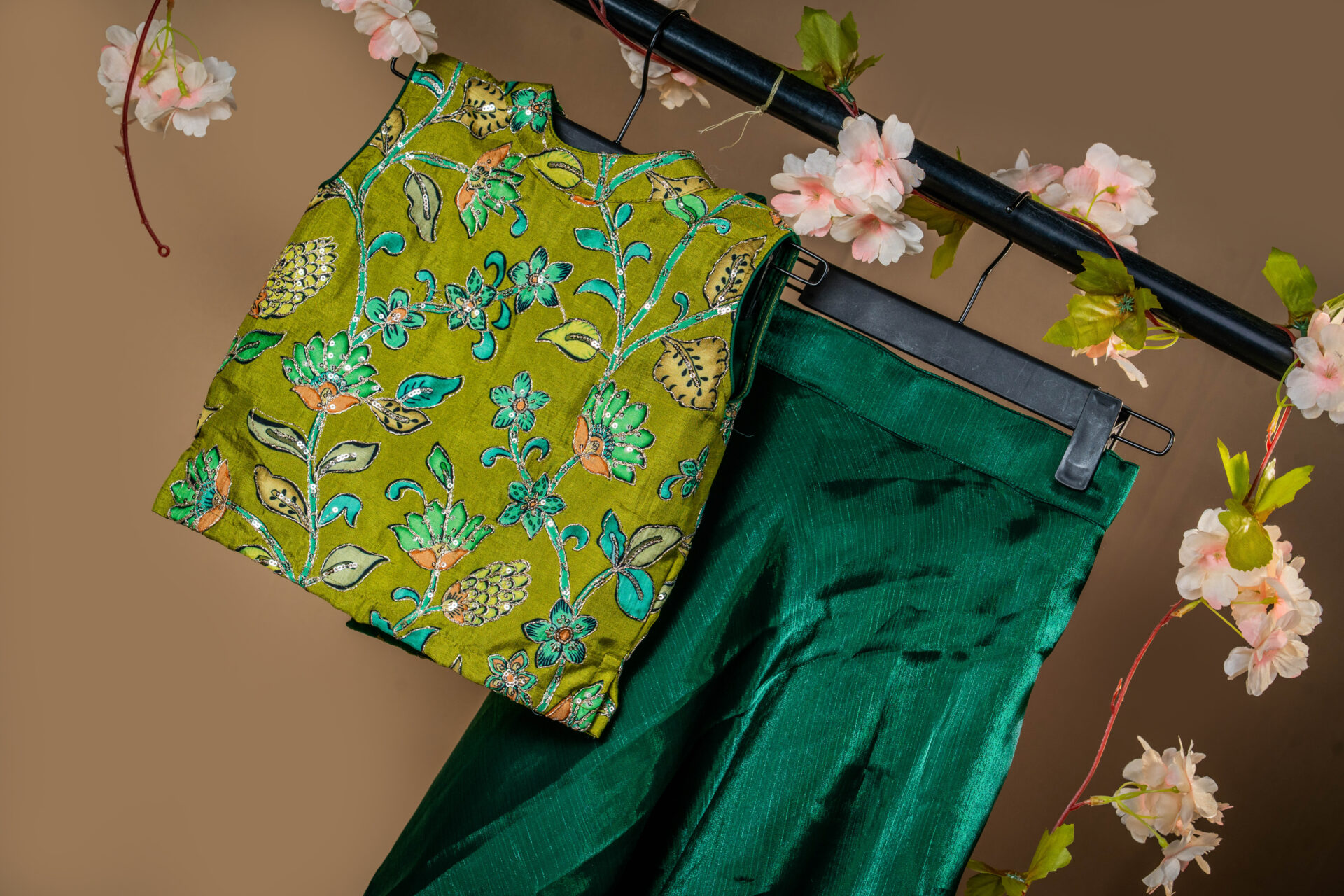 Rust Orange Printed Vest/Crop Jacket and Shimmering Emerald Green Skirt Set - Image 2