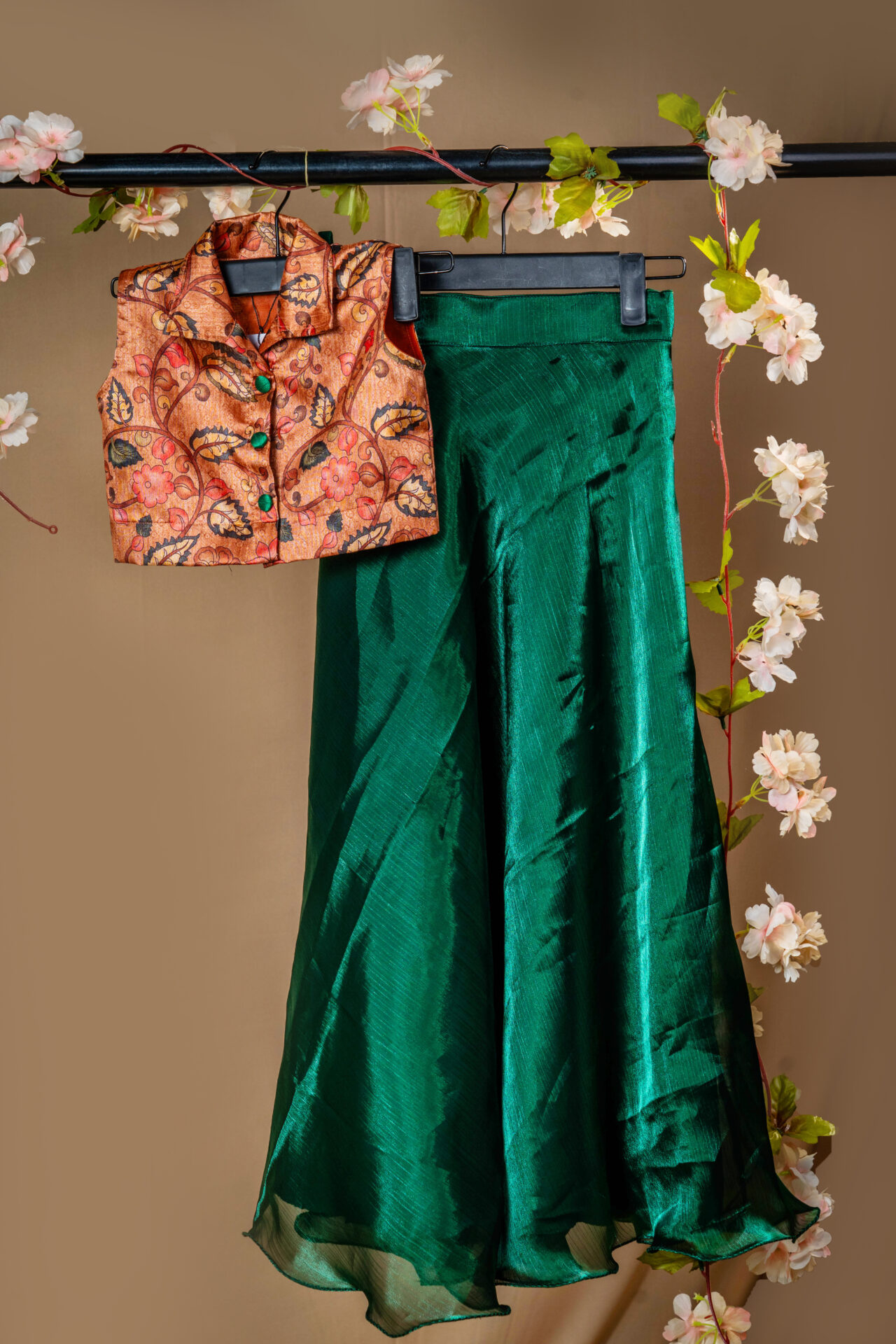 Rust Orange Printed Vest/Crop Jacket and Shimmering Emerald Green Skirt Set - Image 3