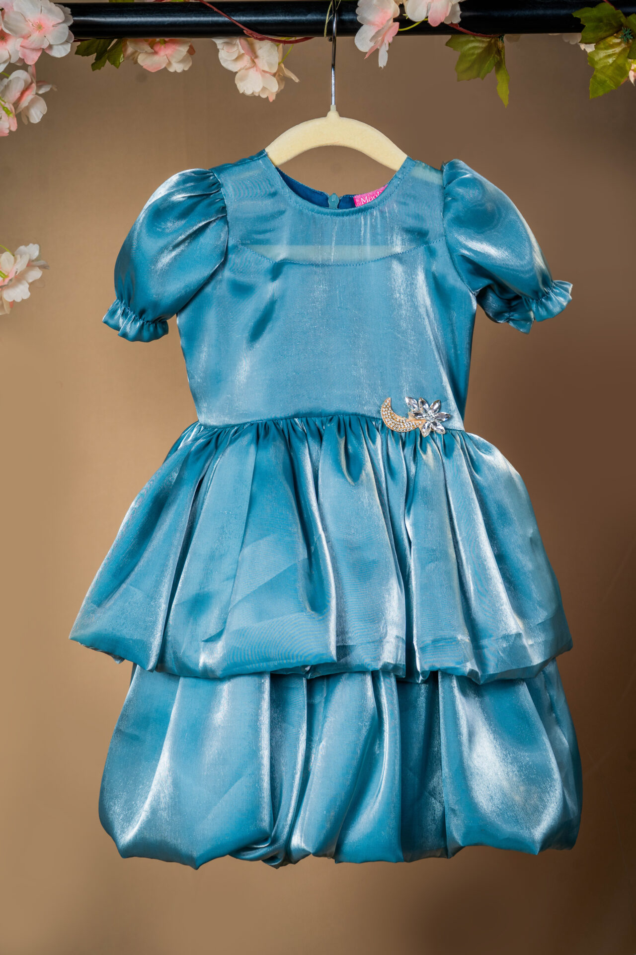 Shimmering Teal Blue Silk Dress with Puff Sleeves and Crystal Moon Brooch