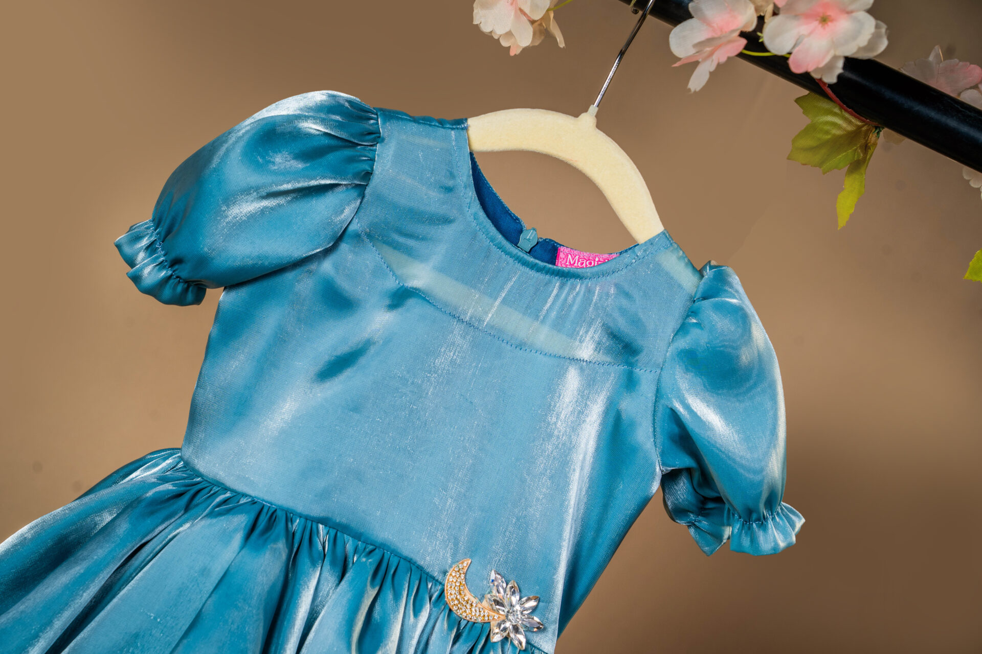 Shimmering Teal Blue Silk Dress with Puff Sleeves and Crystal Moon Brooch - Image 2