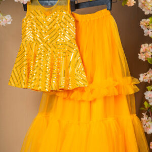 Vibrant Yellow Chevron Sequin Crop Top and Tulle Skirt Set