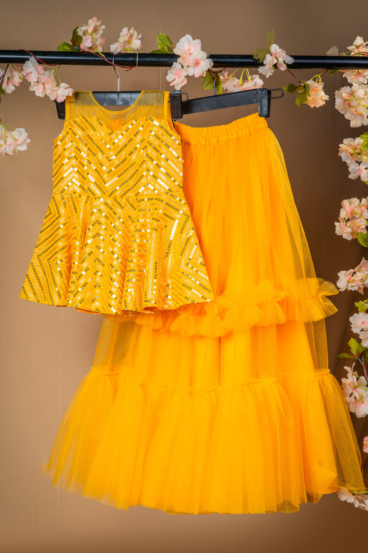 Vibrant Yellow Chevron Sequin Crop Top and Tulle Skirt Set