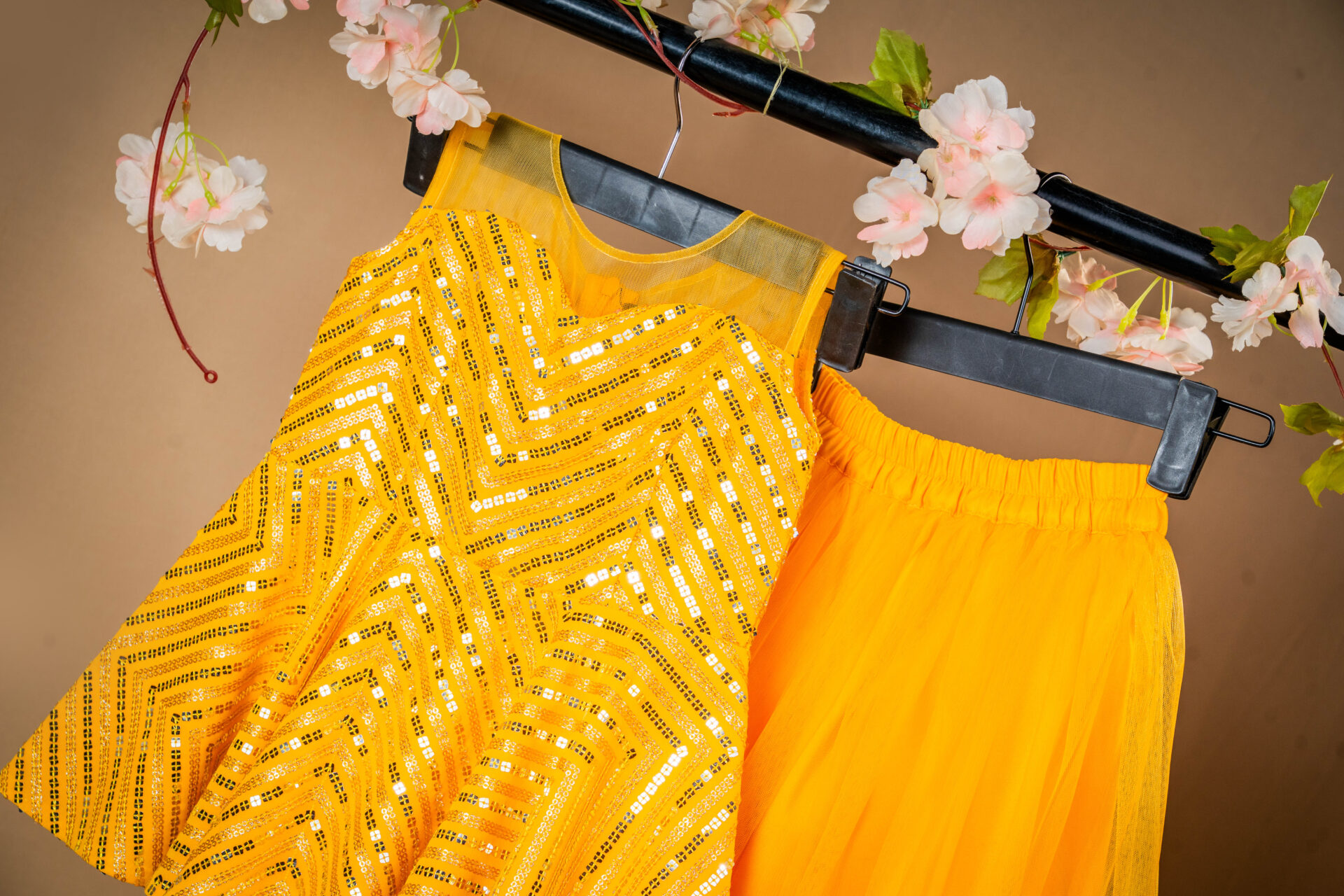 Vibrant Yellow Chevron Sequin Crop Top and Tulle Skirt Set - Image 2