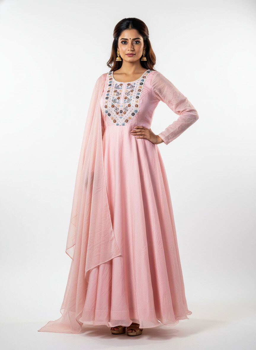 Blush Pink Layered Anarkali Gown with Patch Work Yoke - Image 4